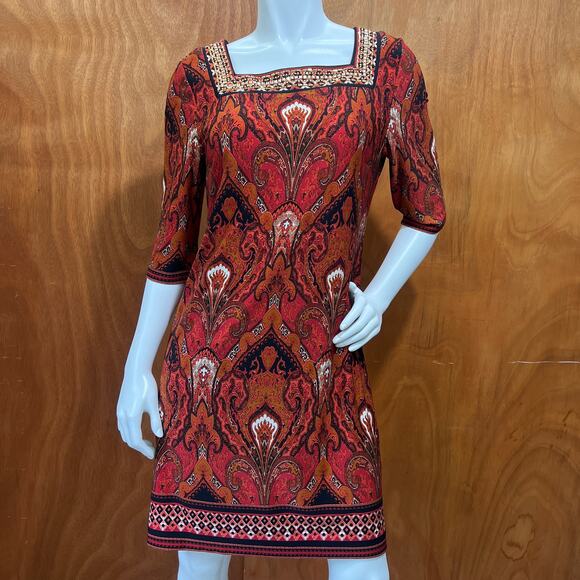 Sandra Darren Women's Size 10 Printed Red Dress Boho Style, Pull-On, Square Neck - Picture 1 of 7